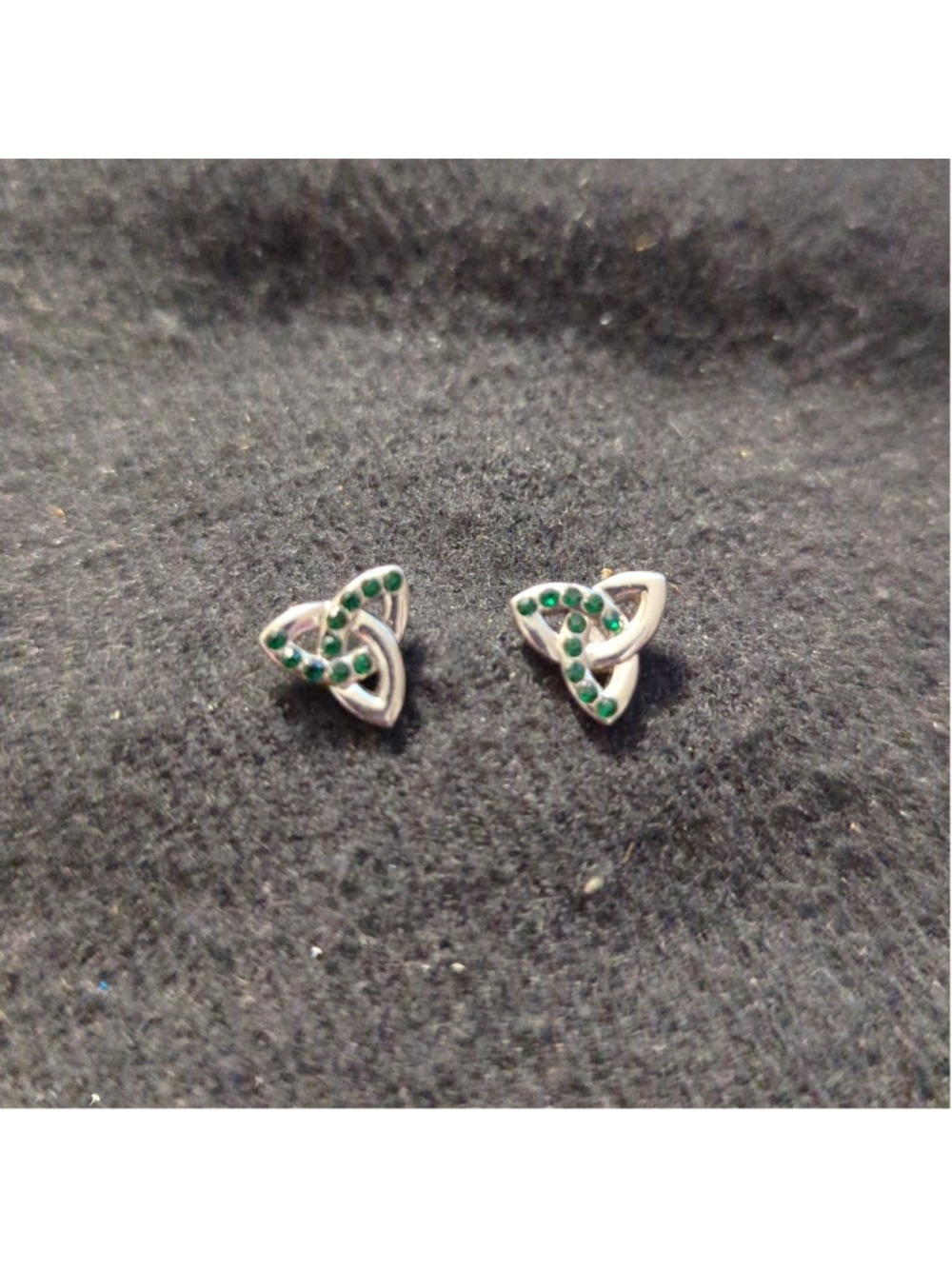 SILVER Tone Green Rhinestone Celtic Trinity Knot Stud Statement Earrings